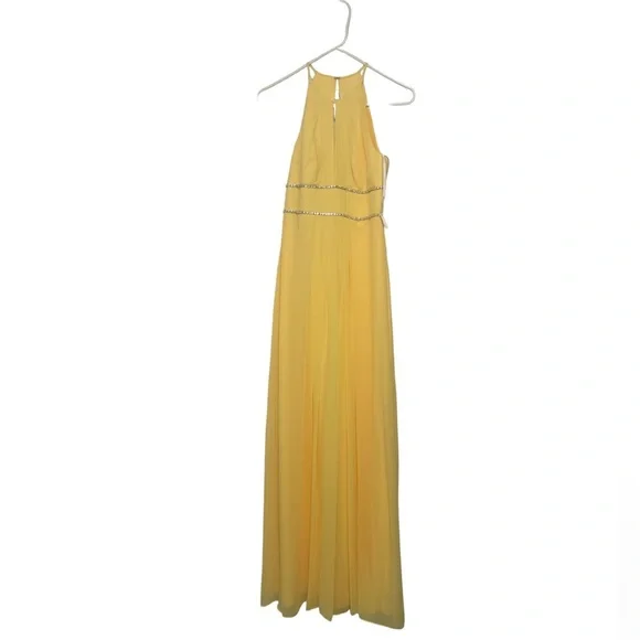 Jenny Packman Lux Chiffon Halter Yellow Lemon Drop Maxi Dress w/Beaded Trim Sz0 - Picture 2 of 5